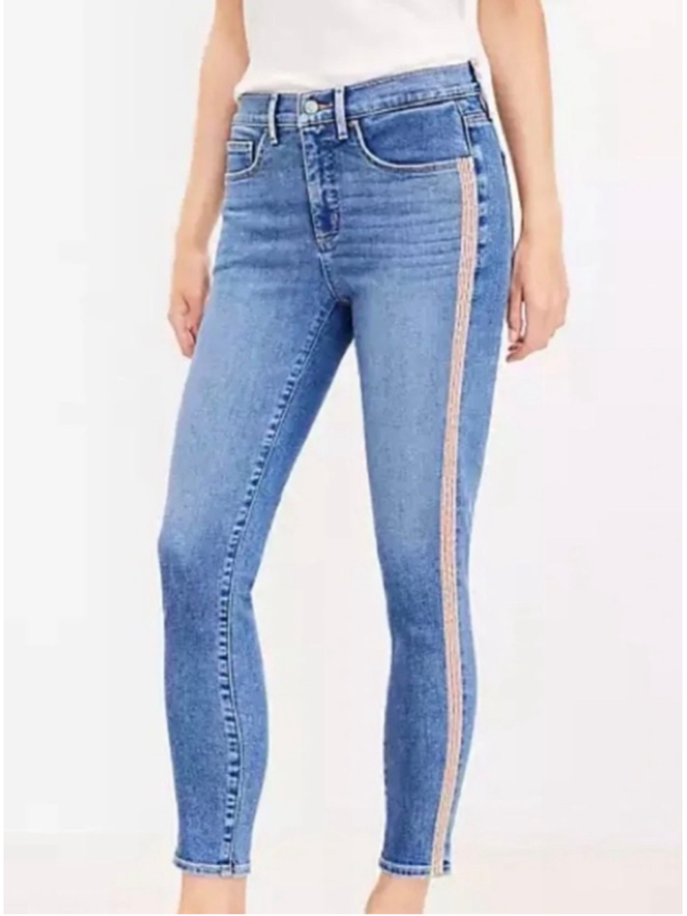 Loft Blue Skinny Jeans with Side Stripe, Size 28